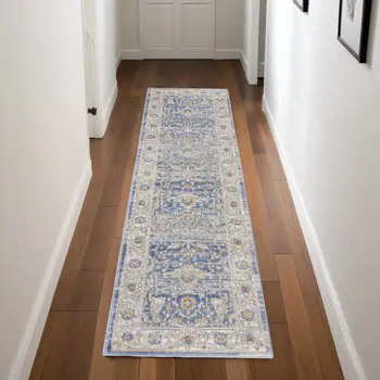 8' Blue And Gray Oriental Runner Rug