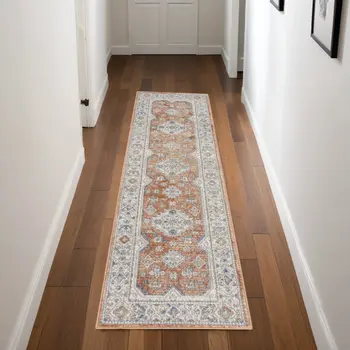 8' Gray And Red Medallion Runner Rug