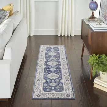 8' Blue And Gray Medallion Runner Rug