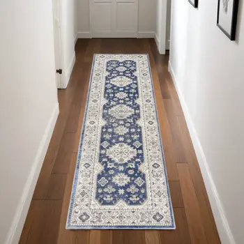 8' Blue And Gray Medallion Runner Rug