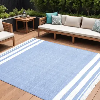 9' X 12' Blue Striped Handmade Indoor Outdoor Area Rug