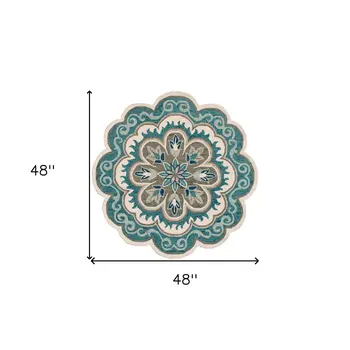 4' Blue Round Wool Floral Hand Tufted Area Rug