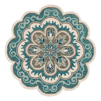 6' X 6' Blue Round Wool Floral Hand Tufted Area Rug