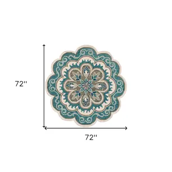 6' X 6' Blue Round Wool Floral Hand Tufted Area Rug