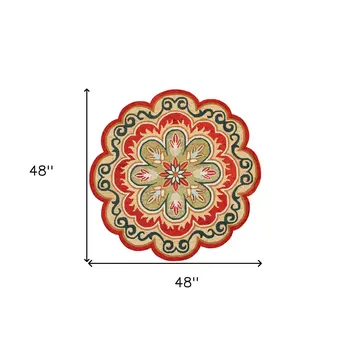 4' Orange Round Wool Floral Hand Tufted Area Rug