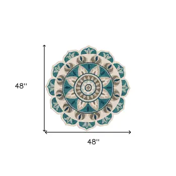 4' Blue Round Wool Floral Hand Tufted Area Rug