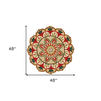 4' Red Round Wool Floral Hand Tufted Area Rug
