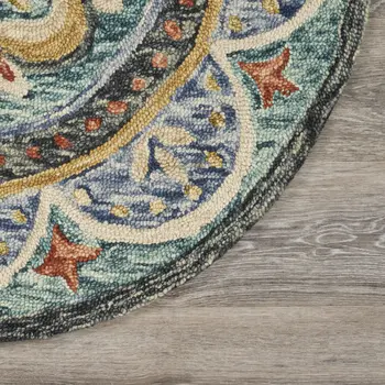 4' Blue Round Wool Floral Hand Tufted Area Rug