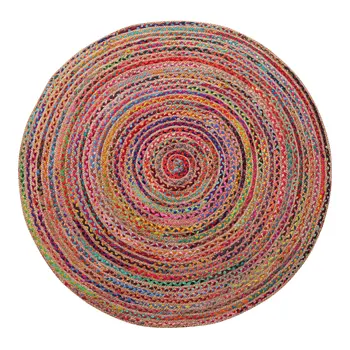3' Tan Geometric Shag Hand Braided Round Rug