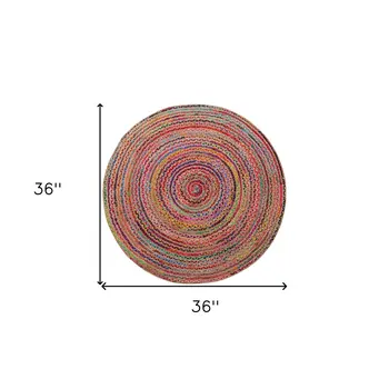 3' Tan Geometric Shag Hand Braided Round Rug