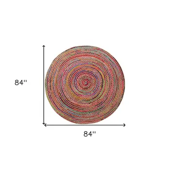 7' Tan Round Geometric Hand Braided Area Rug