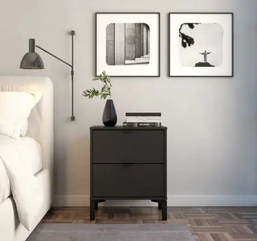 24" Black Two Drawer Faux Wood Nightstand
