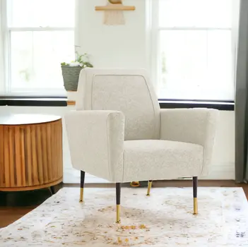 32" Beige And Black And Gold Linen Arm Chair