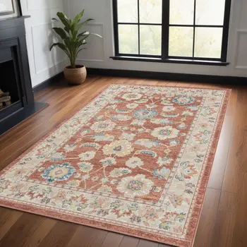 4' X 6' Red and Ivory Oriental Power Loom Area Rug