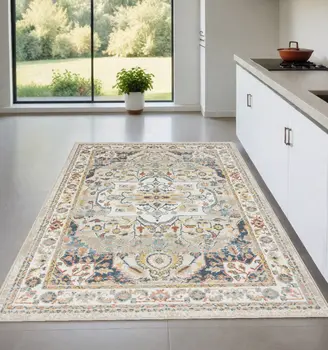 4' X 6' Ivory and Blue Oriental Power Loom Area Rug