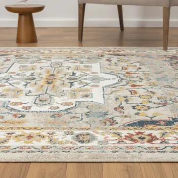 4' X 6' Ivory and Blue Oriental Power Loom Area Rug