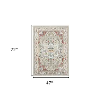 4' X 6' Ivory and Red Oriental Power Loom Area Rug