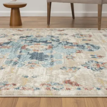 4' X 6' Ivory and Blue Medallion Power Loom Area Rug