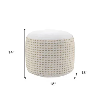 18" White Jute Blend Round Geometric Pouf Ottoman