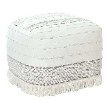 18" Cream Cotton Striped Pouf Ottoman