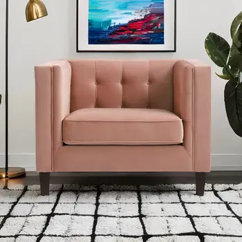 34" Blush And Espresso Velvet Tufted Club Chair