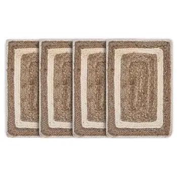 19" Set of Four Natural And Ivory Geometric Braided Jute Placemats