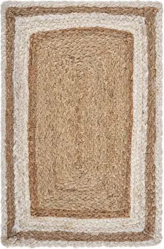 19" Set of Four Natural And Cream Geometric Border Jute Placemats