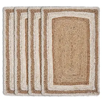 19" Set of Four Natural And Cream Geometric Border Jute Placemats