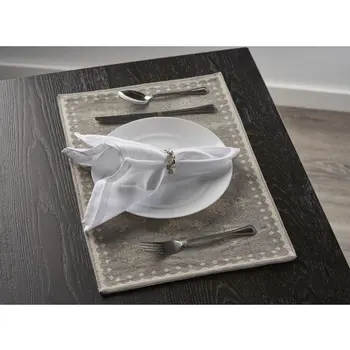 19" Set of Four Gray And Cream Geometric Medallion Cotton Placemats