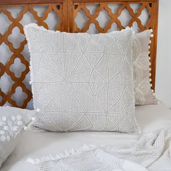 20" Beige and Ivory Throw Pillow with Embroidery and Fringe