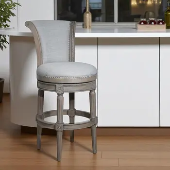 30" Gray Solid Wood and Linen Bar Height Swivel Bar Chair
