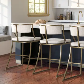 25" Beige And Antiqued Brass Steel Low Back Counter Height Bar Chair