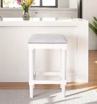 27" Gray And Antiqued White Solid Wood Backless Counter Height Bar Chair