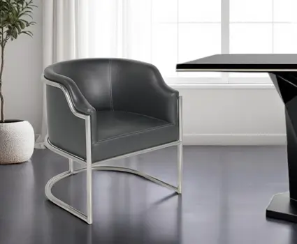 Charcoal and Silver Upholstered Leather Curved Back Dining Arm Chair