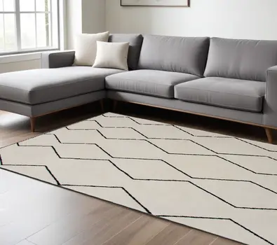 7' X 10' Beige and Black Geometric Power Loom Distressed Non Skid Area Rug