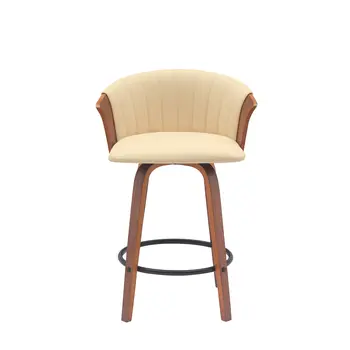 26" Cream and Wood Brown Faux Leather with Solid Wood Swivel Counter Height Bar Chair