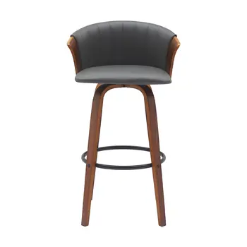 30" Gray And Wood Brown Faux Leather Swivel Bar Height Bar Chair