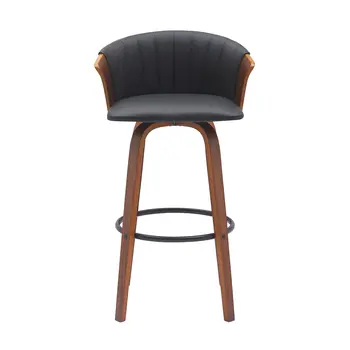 30" Black And Wood Brown Faux Leather Swivel Bar Height Bar Chair