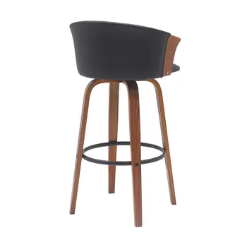 30" Black And Wood Brown Faux Leather Swivel Bar Height Bar Chair