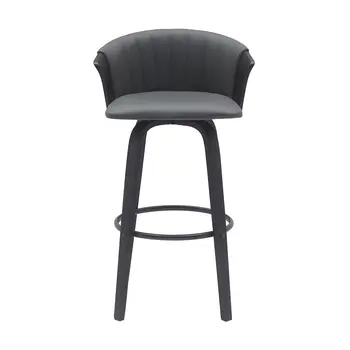 30" Gray And Black Faux Leather Swivel Bar Height Bar Chair