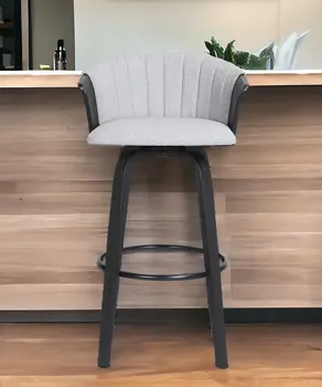 30" Light Gray And Black Fabric Swivel Bar Height Bar Chair