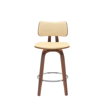 26" Cream And Wood Brown Faux Leather Swivel Low Back Counter Height Bar Chair