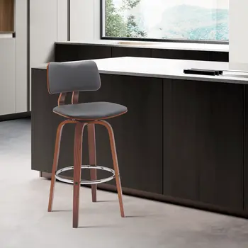 30" Gray And Wood Brown Faux Leather Swivel Low Back Bar Height Bar Chair