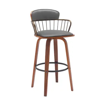 30" Gray And Wood Brown Faux Leather Swivel Low Back Bar Height Bar Chair