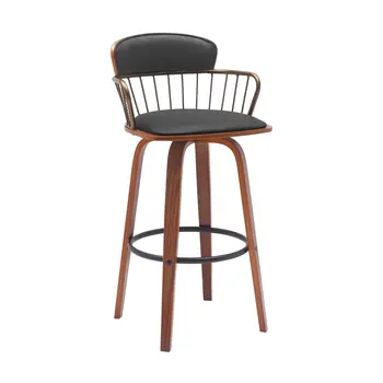 30" Black And Wood Brown Faux Leather Swivel Low Back Bar Height Bar Chair