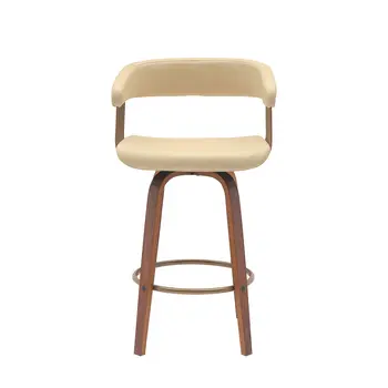 26" Cream And Wood Brown Faux Leather Swivel Counter Height Bar Chair