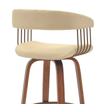 31" Cream And Wood Brown Faux Leather Swivel Bar Height Bar Chair