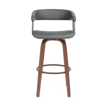 31" Gray And Wood Brown Faux Leather Swivel Bar Height Bar Chair