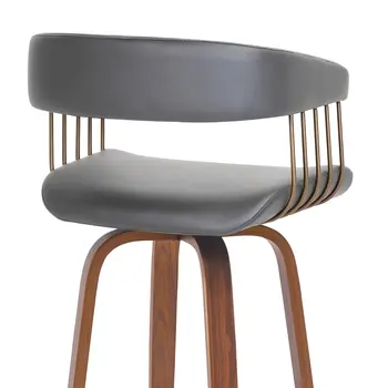 31" Gray And Wood Brown Faux Leather Swivel Bar Height Bar Chair