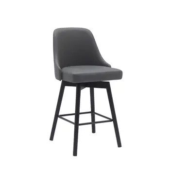 26" Gray and Black Faux Leather with Solid Wood Swivel Counter Height Bar Chair